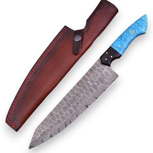 มีดเชฟเหล็กดามัสกัสขนาด 8 นิ้ว ผลิตตามสั่ง ด้ามจับสีเทอร์ควอยซ์ ตีขึ้นรูปด้วยมือ ใช้งานได้ทั้งสองมือ ออกแบบตามหลักสรีรศาสตร์ ทนทาน เป็นมิตรกับสิ่งแวดล้อม - Product Image 1