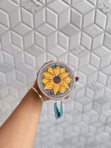 Étui à bijoux compact en cuir véritable, design vintage en cuir brodé main avec motif tournesol, fermeture éclair, style bohème, durable - Product Image 3