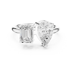 Anillo de compromiso y aniversario de boda clásico Toi et Moi de doble perspectiva con esmeralda y perla, chapado en oro de 18 quilates con diamantes - Product Image 2