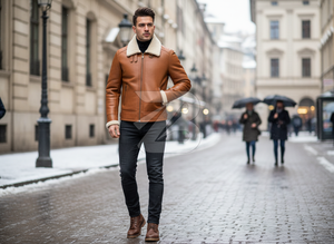 OEM <b>Men's</b> Genuine Leather <b>Jacket</b> Tan <b>Shearling</b> Collar B3 Style Winter Zip-Up Outerwear <b>Men's</b> <b>Jackets</b> - Product Image 6