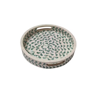 Round Ceramic <b>Mosaic</b> Tray With Green Leaf Pattern Handmade Decorative Home Serving Tray for Vanity Kitchen and Dining Spaces - Product Image 1