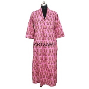 Vestido de algodón con estampado Floral de bloque de mano, tres cuartos Vestido de manga, Vestido largo de algodón con cuello en V, vestido Mexi de algodón, Vestido largo de verano - Product Image 1