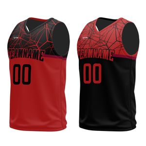 Camiseta de Baloncesto Sublimada Personalizada, Cuello en V, Sin Mangas, Estampado Geométrico Rojo y Negro, Uniforme de Malla Transpirable para Adultos Unisex - Product Image 3