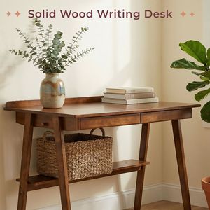 Scrivania in Legno Massello con 2 Cassetti e Ripiano Portaoggetti, Stile Mid-Century Moderno per Ufficio Domestico e Spazi Ristretti - Product Image 1