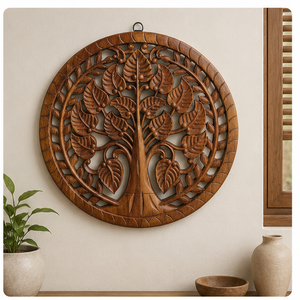 Handmade Wooden <b>Wall</b> Art Tree Foliage Design Circular Rustic Home Decoration Large Brown <b>Frame</b> - Product Image 1