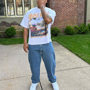 เสื้อยืดครอปผู้ชายผ้าฝ้าย 100% สไตล์สตรีทแวร์ แบบเรียบๆ สั่งทำได้ วินเทจ ลุคซักยับ ทรงใหญ่ โอเวอร์ไซส์ ขาดๆ แบบดิสเทรส - Product Image 5