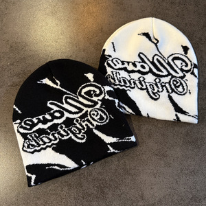 Custom Logo Knitted Printed Beanie Manufacturers All Over Print Jacquard Y2K Gothic No Cuff Skull <b>Cap</b> <b>Winter</b> Hat - Product Image 3