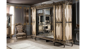 Luxury Solid Mahogany Wood Bedroom Set Royal Gold Carved King <b>Bed</b> with Grand Wardrobe, 2 Nightstands and Dressing <b>Table</b> Set - Product Image 4