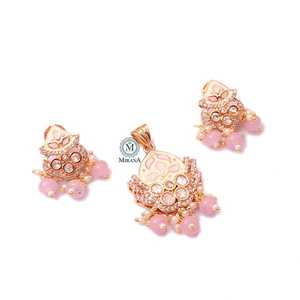 Bhavna Pastel Pink Meenakari Polki Pendant Set-Fine Jewelry - Product Image 3