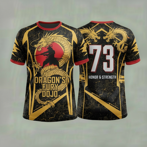 Camiseta con estampado por sublimación Dragon's Fury Dojo, ropa deportiva de poliéster ajustada unisex de manga corta Honor Strength 73 - Product Image 1