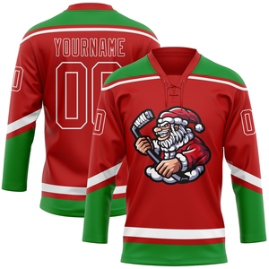 Maillot de hockey 3D personnalisé de Noël, rouge, vert-vertébré, blanc, avec col lacé, motif Père Noël, qualité supérieure, vente en gros, directement de l'industrie, le plus vendu - Product Image 1