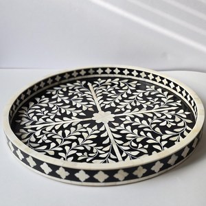 Handmade Circular Bone Inlay <b>Black</b> <b>Tray</b> - Farmhouse Coffee Table <b>Tray</b> - Vintage perfume <b>tray</b> - Bone Inlay Decorative <b>Tray</b> - Product Image 1
