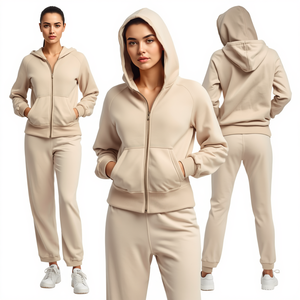 Women Premium Breathable Lightweight Loose Fit Hooded <b>Zip</b> Hoodie Wide Leg Sweatpants Tracksuit Set Elastic Waistband Solid - Product Image 1