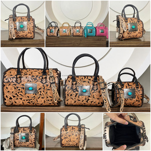 Unisex Luxury Custom Hand <b>Tooled</b> <b>Leather</b> With Turquoise Concho Mini Speedy Bag Hot Selling Genuine Cow <b>Leather</b> Fashion Duffle - Product Image 3