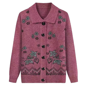 Women's Pink Knitted <b>Cardigan</b> With Floral Embroidery Peter Pan Collar Full Sleeve Vintage Style Autumn Wear - Product Image 1