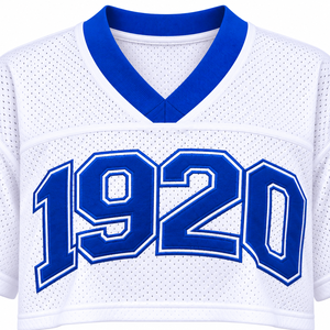เสื้อครอปฟุตบอล Zeta Phi Beta สำหรับผู้หญิง สีขาวตาข่าย สีน้ำเงินรอยัล คอวี ปักลายทวิลล์ ปี 1920 แขนสั้น เสื้อครอปสำหรับชมรมนักศึกษา - Product Image 5