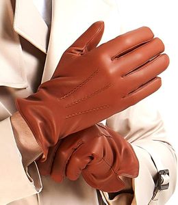 Guantes de cuero marrón para hombre, hasta la muñeca, sin forro, térmicos, estilo liso, para uso empresarial en invierno - Product Image 1