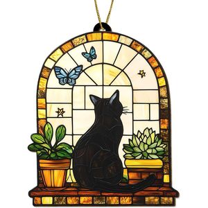 Artistic Wooden Stained Glass <b>Panel</b> Ornament Black Cat <b>Window</b> Scene with Tree Plants Butterfly Decoration Keepsake Gift Cat - Product Image 1