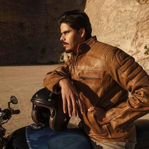 PIHA SPORTS Men's Genuine Leather Varsity Jacket Stand Collar Regular Fit Winter Biker Style <b>Covered</b> <b>Button</b> Closure Brown Washed - Product Image 2