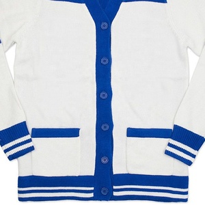 OEM Manufacturer <b>women</b> Fashion Winter V Neck Front Buttons Patch Pockets <b>Short</b> Varsity Jacket <b>Cardigan</b> Button Closure White Blue - Product Image 3