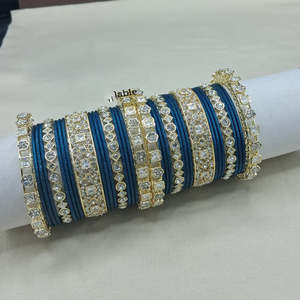 Sparkling Austrian Stone Gold Plated Bracelets Set 2.6\" Ball Shape Fancy Brass <b>Bangles</b> for Wedding Festive Wear-10575606BLU_2.6 - Product Image 1