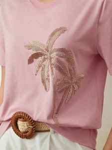 Camiseta de Algodón con Bordado de Cuentas de Palmera, Aplique de Cuentas Hecho a Mano, Manga Corta Negra, Ropa Casual de Verano - Product Image 6