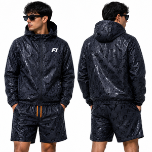 Ensemble short et veste coupe-vent 100 % polyester réactif à l'eau pour homme, avec fermeture éclair, doublure et capuche, design par sublimation - Product Image 3
