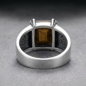 <b>925</b> Sterling <b>Silver</b> Men's <b>Ring</b> With Square Natural Tiger Eye Stone Geometric Vintage Design Prong Setting Everyday Wear Jewelry - Product Image 3