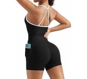 Body de yoga blanco sin costuras con tiras cruzadas y bolsillos, pantalones cortos de cintura alta, ropa deportiva de una pieza - Product Image 5