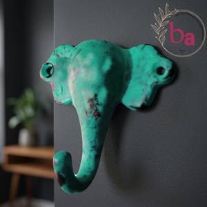 Perchero de pared vintage de hierro fundido con forma de elefante, impermeable, ecológico, ajustable, autoadhesivo, con un solo gancho, verde envejecido - Product Image 1
