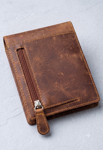WRIZA Men's Short Bifold Genuine Leather <b>Wallet</b> RFID Blocking 9 Card Slots <b>Metal</b> Money Clip Zipper Coin Pocket Vintage Brown - Product Image 2