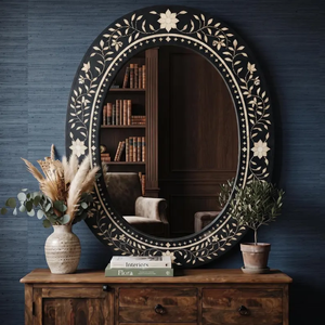 Espejo ovalado negro con incrustaciones florales de hueso, decoración de pared hecha a mano, espejo con incrustaciones de hueso. - Product Image 4