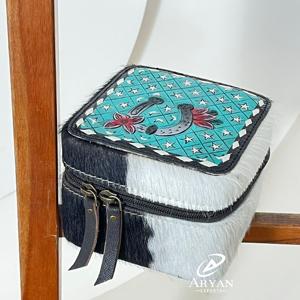 Luxury Mini Portable <b>Tooled</b> Cowhide Genuine Leather Jewelry Cases New Artisan Hand Painted Cute <b>Square</b> Shape Zipper Organizer - Product Image 1