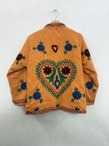 Chaqueta Suzani de Algodón TNT Bordada con Flores Bohemias Naranjas, Cuello Mandarín, Hecha a Mano, Estilo Étnico, para Invierno, Resistente al Viento - Product Image 6