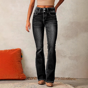 Jeans en denim pour femme, taille mi-haute, coupe large, longueur intégrale, délavage moyen, couleur unie, style décontracté, respirant, pour le printemps - Product Image 3