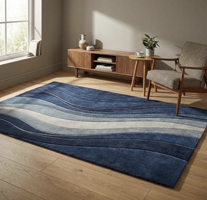 Tapis bleu tufté, tapis géométrique abstrait moderne, tapis doux tufté à la main pour la décoration du salon - Product Image 1