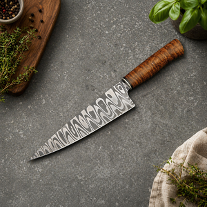 Couteau de chef artisanal avec lame en acier Damas de 8 à 9,9 pouces de longueur, manche en bois ambidextre, fourreau en cuir (style moderne) - Product Image 1