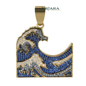 Pendentif Vague en Argent 925 Plaqué Or avec Incrustation de Moissanite Bleue et Blanche Ronde – Breloque de Luxe Thème Moissanite – Unisexe pour Usage Quotidien - Product Image 1
