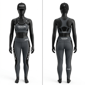 Premium 280 GSM <b>Nylon</b> Spandex <b>Legging</b> And Sports Bra Set Black Grey Contrast Panel Design Custom Sublimation Heat Transfer Logo - Product Image 1
