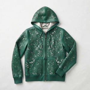 Green Real Hooded <b>Jacket</b> Embossed Leaf Pattern Zipper Closure Casual <b>Men's</b> <b>Summer</b> <b>Jacket</b> Breathable Hollow Out Design - Product Image 1
