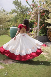 Embroidered Indian Navratri Festival Wear Set V Neck Silk Floor-Length <b>Lehenga</b> Choli White <b>Red</b> Floral Folk Dress <b>Wedding</b> Choli - Product Image 3
