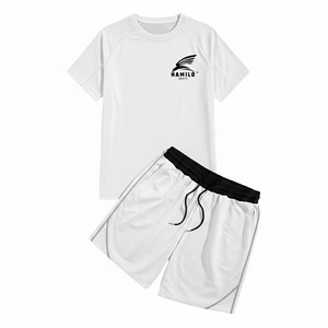 Ensemble t-shirt et short de sport pour homme, gris, séchage rapide, coupe classique, avec logo imprimé sur le devant - Product Image 4
