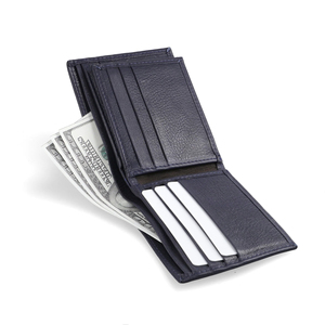 Portefeuille court pour homme en cuir véritable de haute qualité, blocage RFID, logo personnalisé brodé, bleu, professionnel - Product Image 2