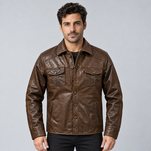 Custom Plus Size Genuine Leather <b>Jacket</b> <b>Men</b> Washed Crinkled Brown Leather <b>Jacket</b> Casual Turn-Down Collar with Pockets - Product Image 2