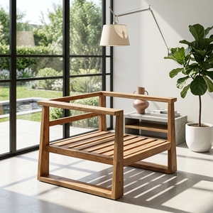 Modern Solid <b>Wood</b> Single <b>Sofa</b> Elegant Open Slatted <b>Frame</b> Wooden Lounge Armchair <b>For</b> Rustic Living Room Setup Art Design Pure Art - Product Image 2
