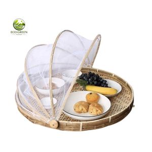 Plateau rond en bambou fait main avec couvercle en filet, panier de service naturel pour le pain, les fruits, le thé et la présentation de desserts - Product Image 3