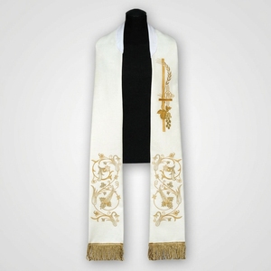 Étole d'église blanche en polyester tissé, étole liturgique pour le clergé, broderie croix dorée, écharpe de mariage liturgique, taille unique unisexe - Product Image 1