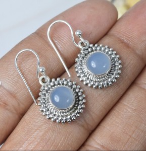 Pendientes de Calcedonia Azul Natural al por Mayor, Plata de Ley 925, Hechos a Mano, Redondos, Colgantes, Estilo Boho Vintage - Product Image 3