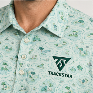 เสื้อโปโลพิมพ์ลายเพสลีย์สีเขียวมิ้นท์สำหรับผู้ชาย แบรนด์ Trackstar แขนสั้น คอปกติดกระดุม สไตล์ลำลอง เหมาะสำหรับตีกอล์ฟ รับสกรีนโลโก้ - Product Image 5