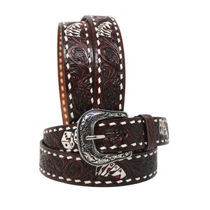 Cinturón Reversible de Cuero Vacuno con Patrón Geométrico de Cuentas y Hebilla Plateada Estilo Western, Cuero Pintado de Estilo Étnico - Product Image 2